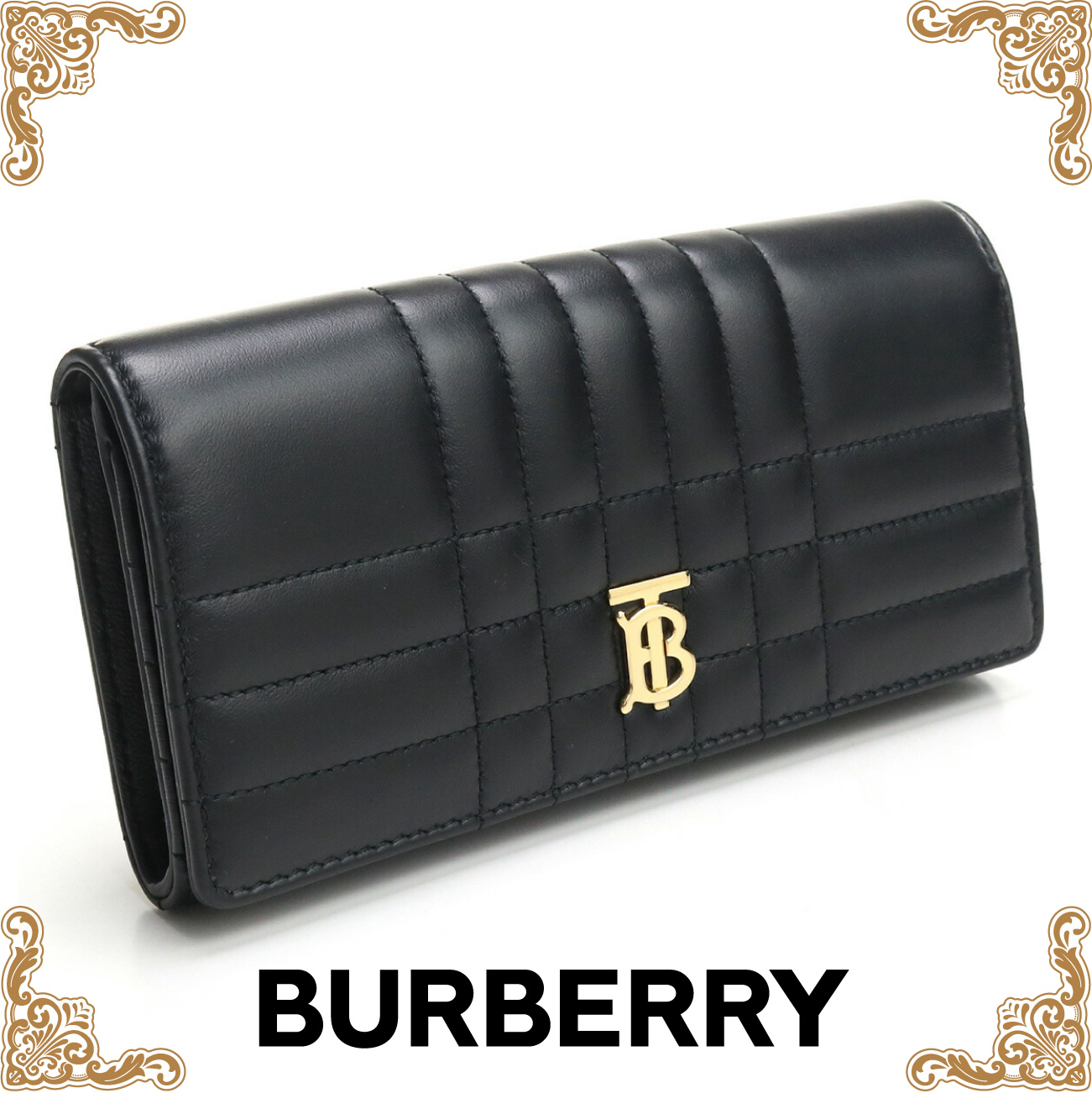 バーバリー BURBERRY  長財布二折り 財布 ブランド 8062339　A1189 LOLA キルティング ライトゴールド BLACK-LIGHT GOLD ブラック wallet-01