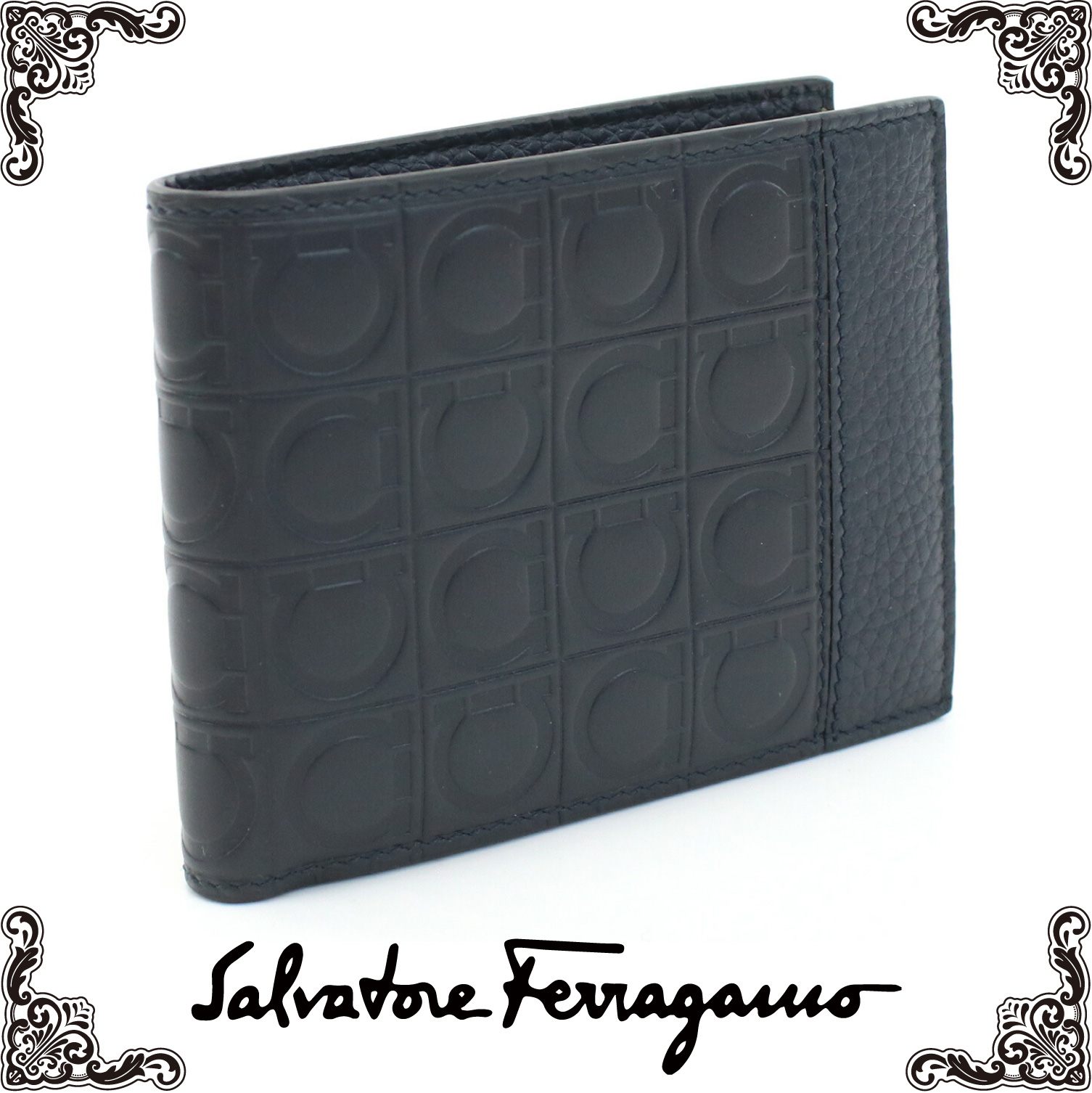 フェラガモ FERRAGAMO 二折財布 ブランド メンズ 66-A144 0689076　LAVAGNA ネイビー系